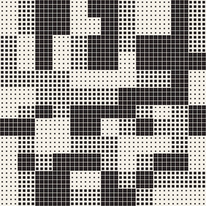 现代半色调纹理。无休止的抽象背景与随机大小正方形。矢量无缝混沌方块马赛克拼图