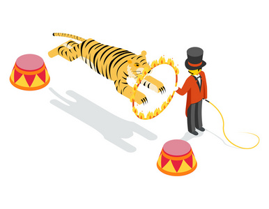 马戏团的火环老虎跳过环.平面 3d 矢量图照片