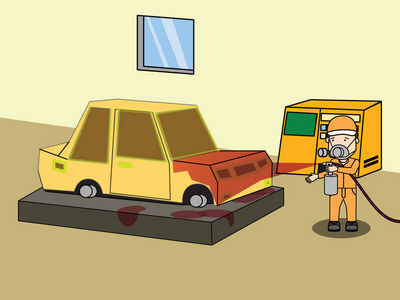 喷绘油漆工人专家喷绘画汽车车身在汽车碰撞维修店照片