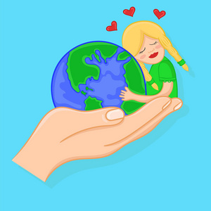 对行星地球的爱。卡通女孩拥抱一个地球仪