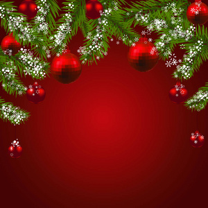 圣诞新年。绿色的杉树枝具红面球。圣诞贺卡。在红色的背景。插图