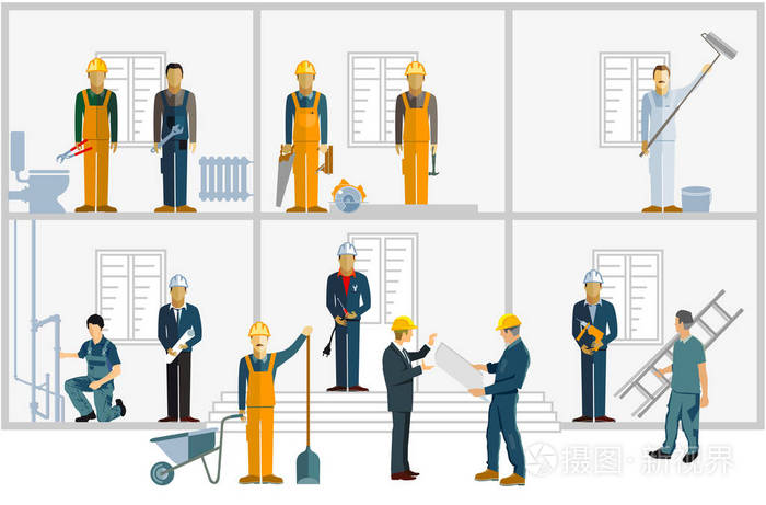 一组在工地上工作的技工