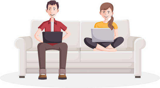 卡通夫妇与膝上型计算机