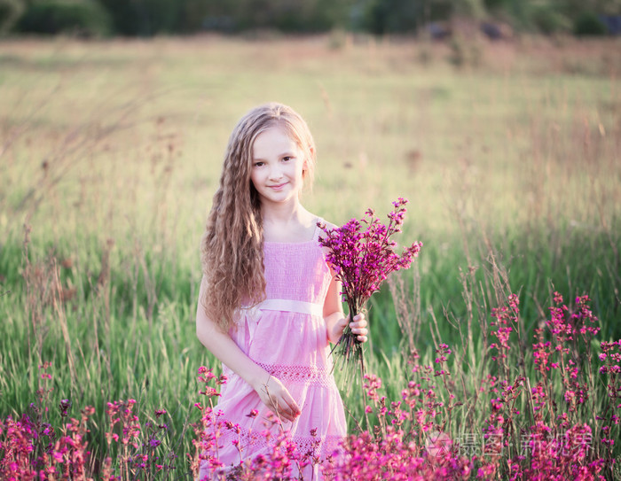 粉红色的花朵在草原上的漂亮女孩