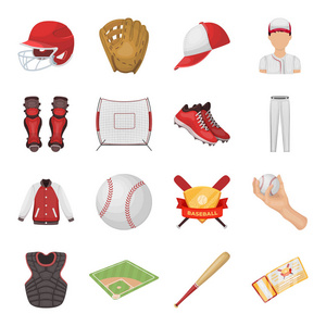 球 头盔 蝙蝠 制服和其他棒球属性。棒球在卡通风格矢量符号股票图 web 设置集合图标
