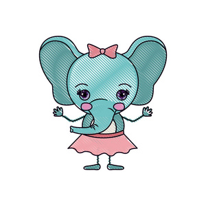 彩色花边彩色蜡笔剪影漫画的可爱表达女性大象在用弓花边的裙子照片