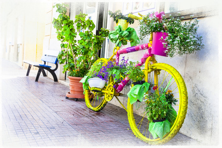 花卉的自行车艺术花艺设计 街头装饰