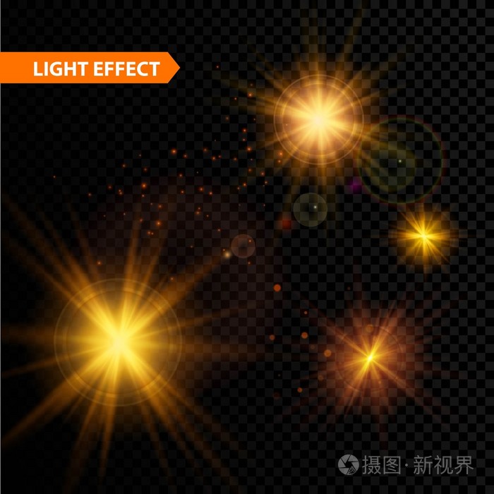 发光的光效果集明星在透明背景上闪烁着阵阵.矢量图