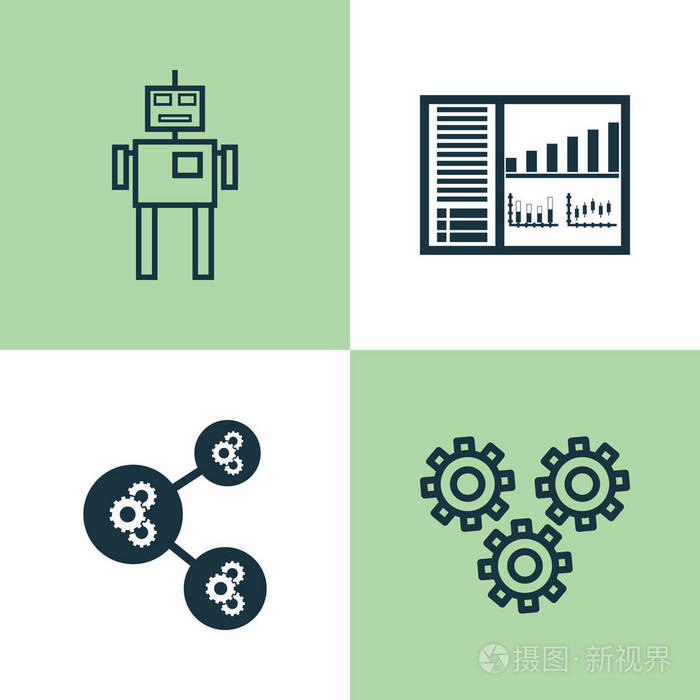 学习图标集。控制板 机器人 算法的插图和其他元素的集合。此外包括符号算法 机床 齿轮等