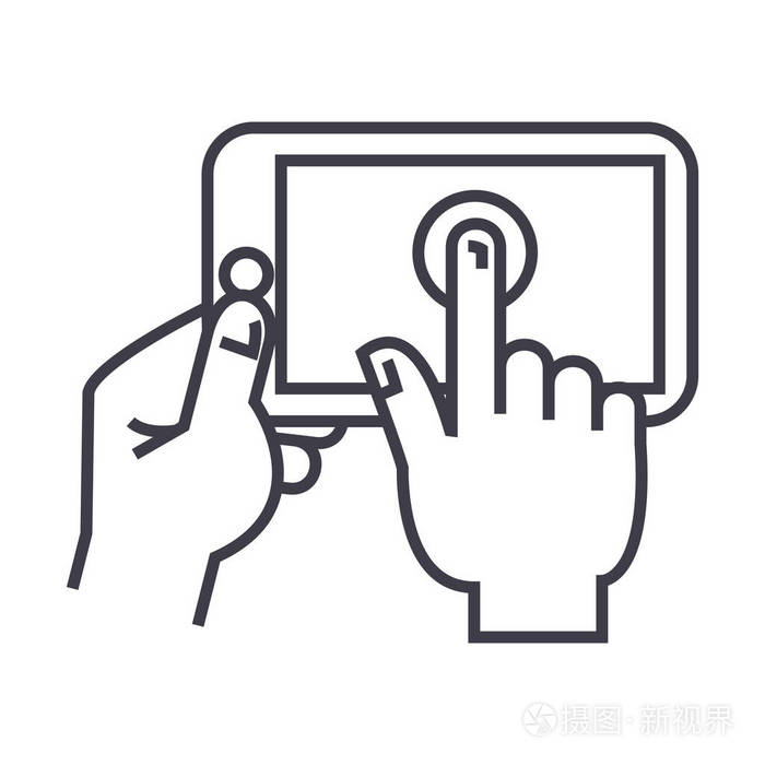 手触碰平板电脑矢量线图标, 标志, 插图背景,可编辑笔触插画-正版商用