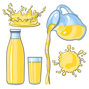 溅和浇注黄色的柠檬果汁瓶 玻璃 水罐