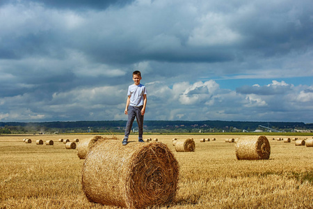一个快乐的男孩正站在一大捆干草。孩子们的暑期活动。一堆干草。在草地上的稻草