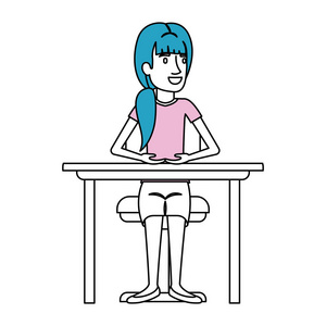 轮廓颜色部分的马尾辫头发的女人坐在椅子上在桌面