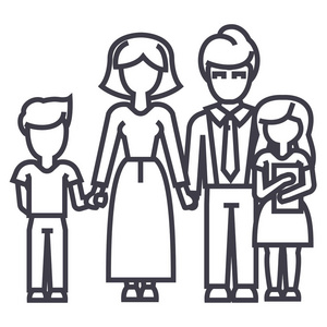 幸福的家庭，儿子，母亲 父亲 女儿矢量线图标，标志，背景，可编辑的笔画的插图