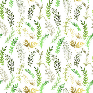 无缝模式在轮廓上的鲜花和绿草，画的水彩画，手工绘制的插图