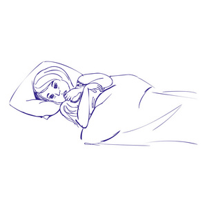 生病的女孩在床手绘草图图片
