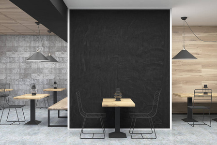 灰色和木制的咖啡馆，黑色的墙表