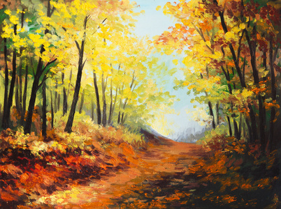 油画风景丰富多彩秋天的树林