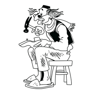 老鞋匠坐在凳子上和修鞋照片