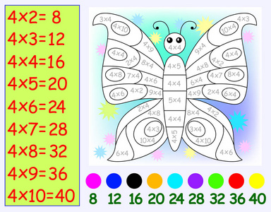由四个锻炼儿童用乘法。需要绘制有关颜色的蝴蝶