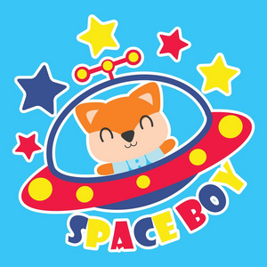 可爱的狐狸飞 ufo 作为空间男孩矢量卡通插画为孩子 t 恤设计