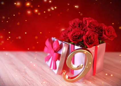生日概念与红色玫瑰在木桌上的礼物。第九届。9.3d 渲染