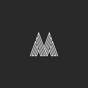 字母 M 标志时髦初始样机，薄断的线会标装饰 线性的黑色和白色设计元素的模板，婚礼邀请会徽