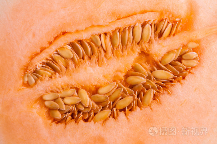 新鲜的有机哈密瓜甜瓜片,显示果肉和种子