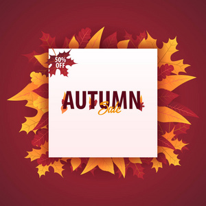 秋天叶子购物销售或促销海报和帧单张或 web 横幅背景。矢量图模板