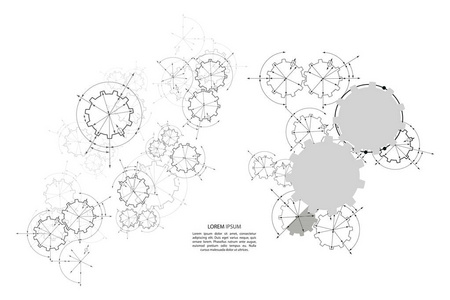 在啮合的齿轮。工程制图与齿轮抽象工业背景