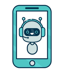 在智能手机中的可爱微笑机器人，聊天机器人说