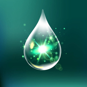 闪光水滴，水滴与绿色背景分离的影响。3d 图