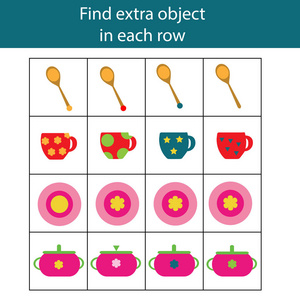 在行中找到额外的对象。教育儿童游戏，可打印活动