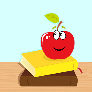 回到学校 书籍和红色微笑苹果字符
