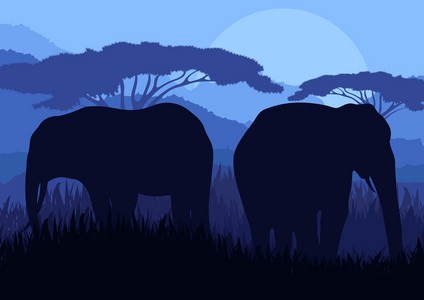 大象家庭剪影在野生自然山风景背景