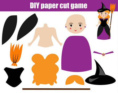 Diy 儿童教育创意的游戏。让万圣节女巫女孩用剪刀和胶水。可打印 paprecut 活动