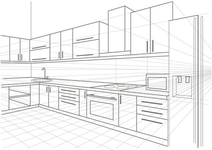 线性素描室内厨房图片