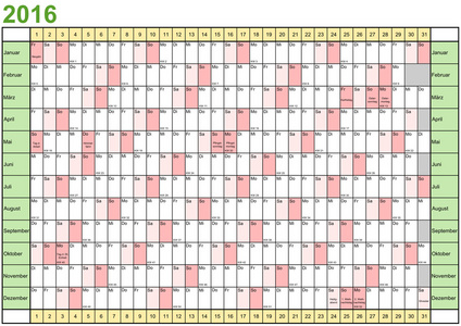 年计划 2016 线性与公众假期为德国