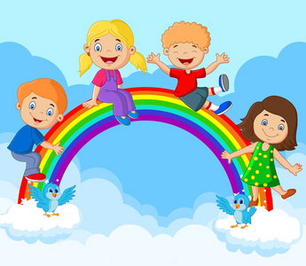 卡通快乐的孩子坐在彩虹上
