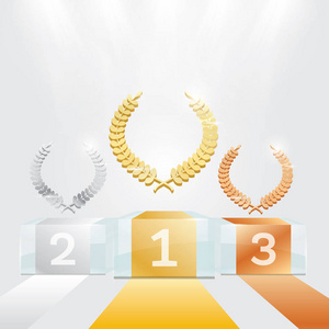 登上领奖台照亮舞台登上的领奖台与皇冠, 红地毯和窗帘背景为颁奖典礼