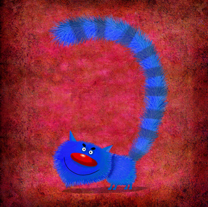 微笑的猫蓝红色背景上趾高气扬照片
