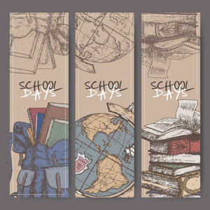 三色横幅以手绘制的学校相关剪影