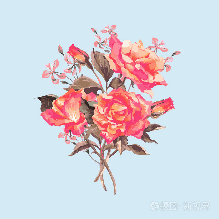 复古水彩贺卡盛开的红玫瑰插画-正版商用图片0cdvpr-摄图新视界