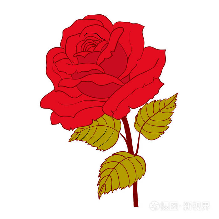 白色背景上的红色玫瑰卡通风格