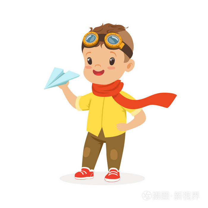 可爱的小男孩在玩纸飞机矢量插图的飞行员眼镜