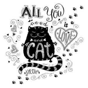 所有你需要的是爱和猫,搞笑手绘制的刻字可爱又搞笑的红猫性格坐和