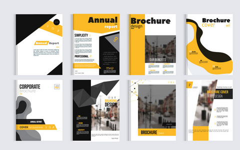 企业宣传册封面设计与模糊照片和简单的形状。简约设计的年度报告