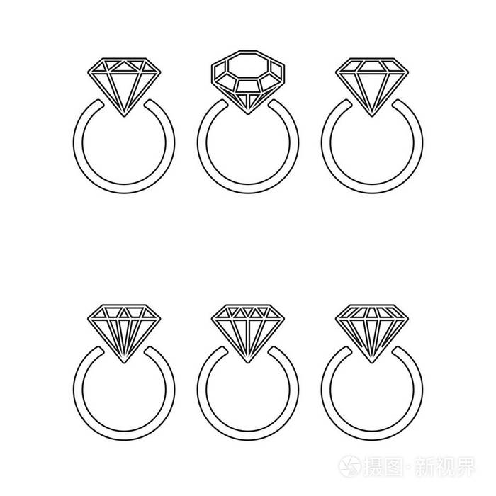 插画 钻石订婚戒指图标与晶体.矢量图.带闪亮发光的石头的黑色圆圈.