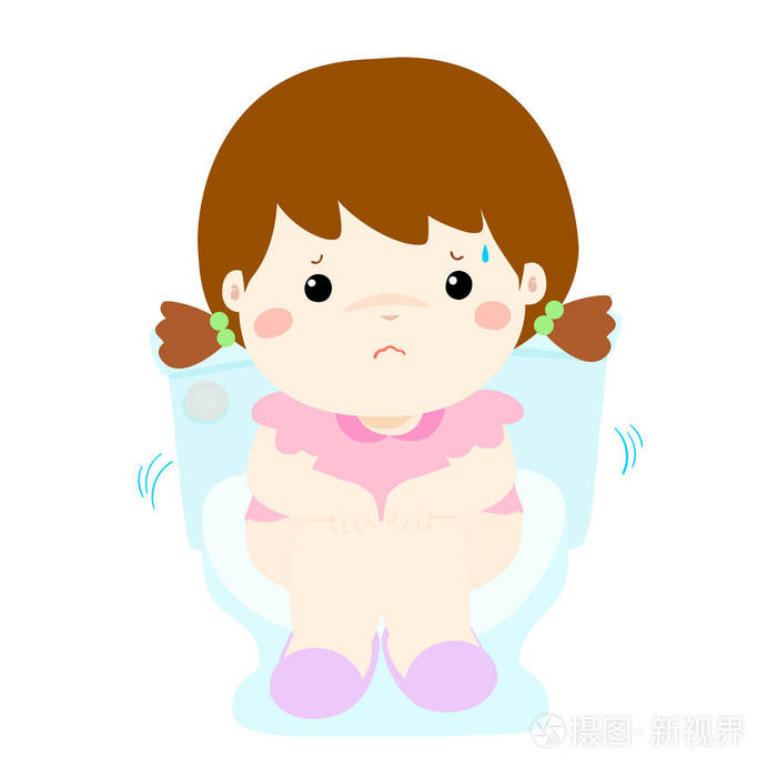 可爱的小女孩坐在马桶座圈与腹泻卡通矢量