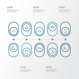 连衣裙大纲图标集。集合的内裤，半软管 上衣和其他元素。此外包括鞋类 晚上 靴子等符号